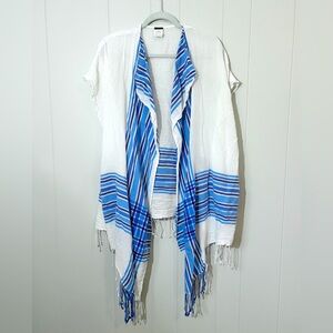 JCrew Wrap Kimono Beach Cover Up Pool Layer Cotton Blend White Blue Plaid OS